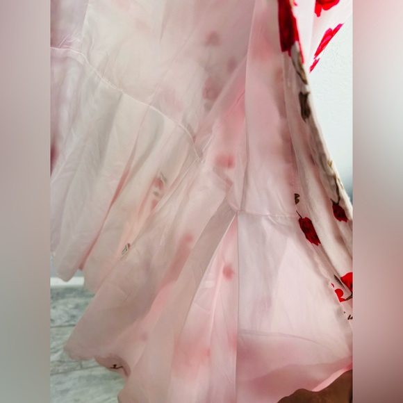 New Red Pink Roses Floral Red and White Fit & Flare Princess Pea Coat - Picture 8 of 11